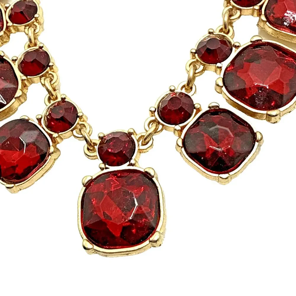 Vintage Red Crystal Rhinestone Statement Collar Necklace Gold Tone Statement 22”